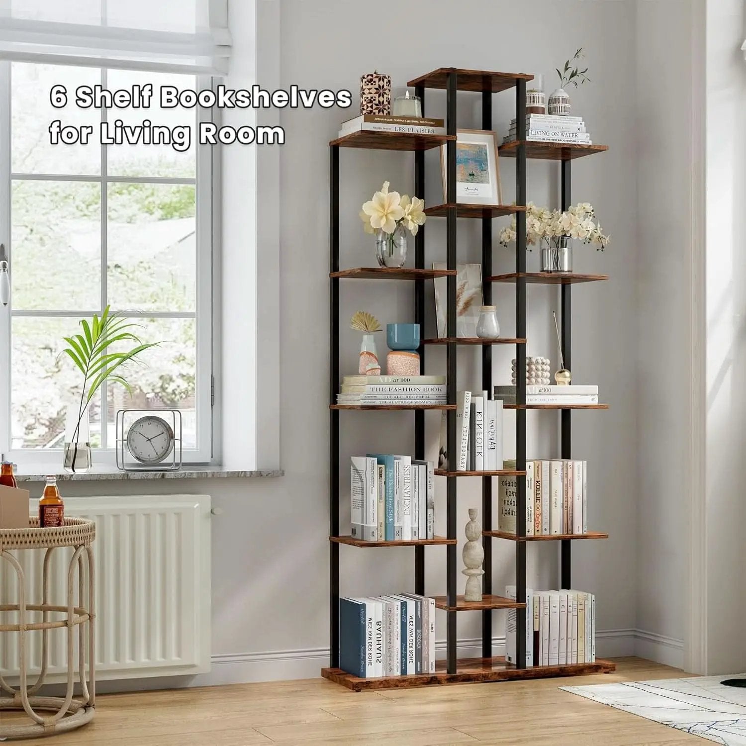 Rustic Brown 6 Tier Bookshelf For Small Living Room from PriceLows™