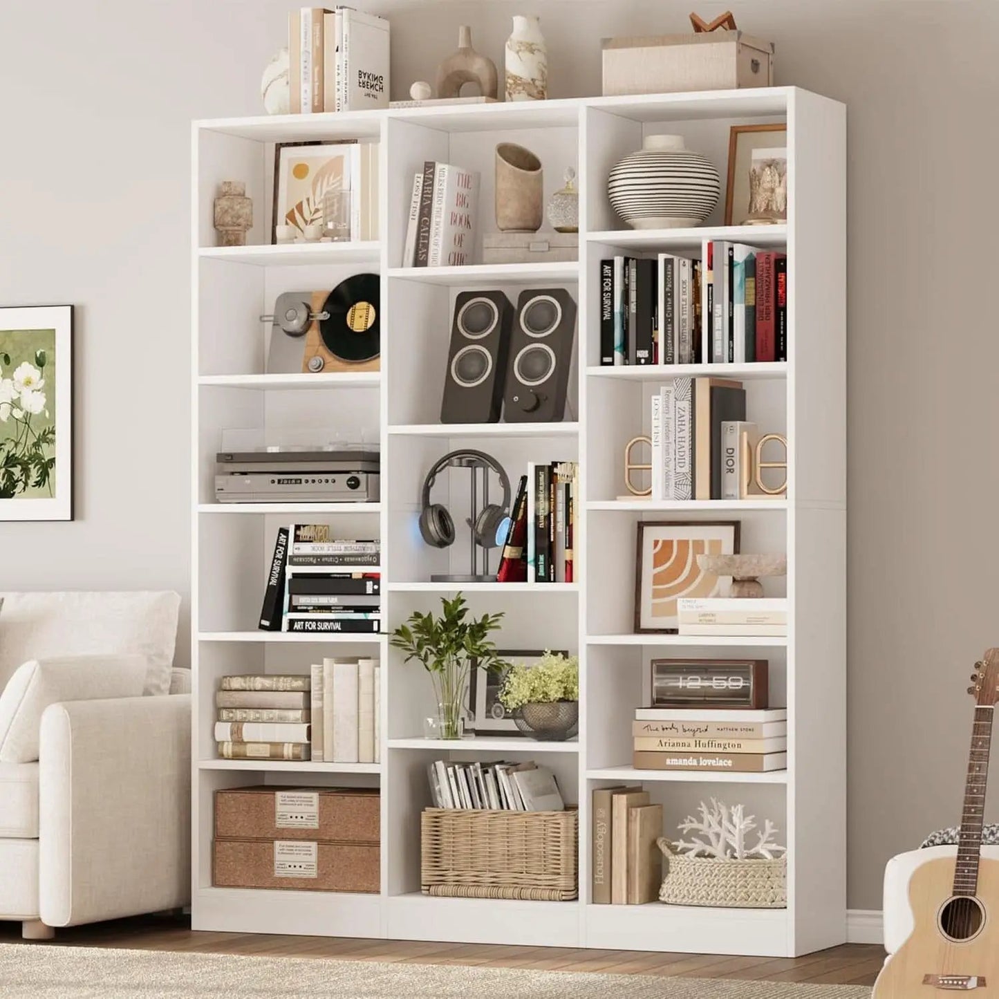 Triple Wide White Bookshelf 6 Tier 74 Inch Tall Unit from PriceLows™