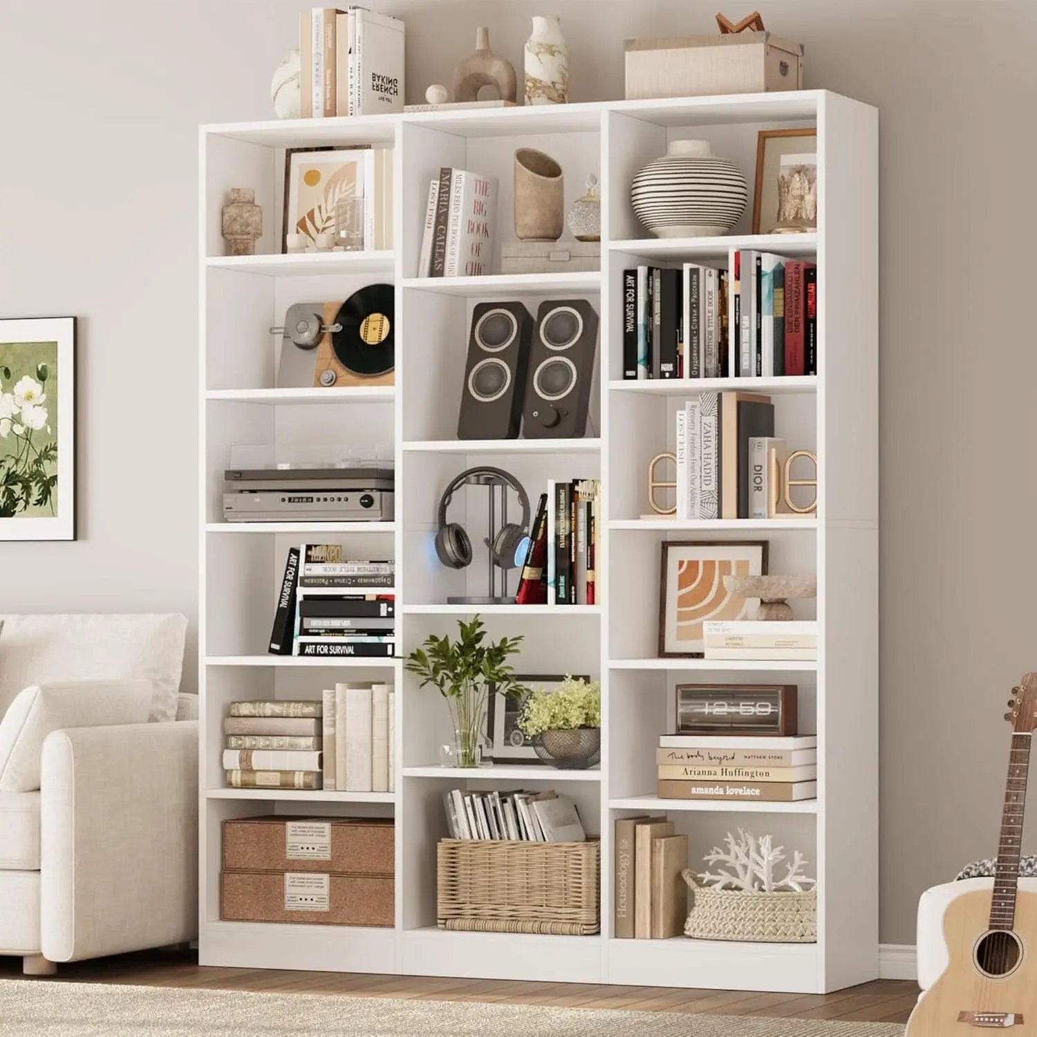 Triple Wide White Bookshelf 6 Tier 74 Inch Tall Unit from PriceLows™