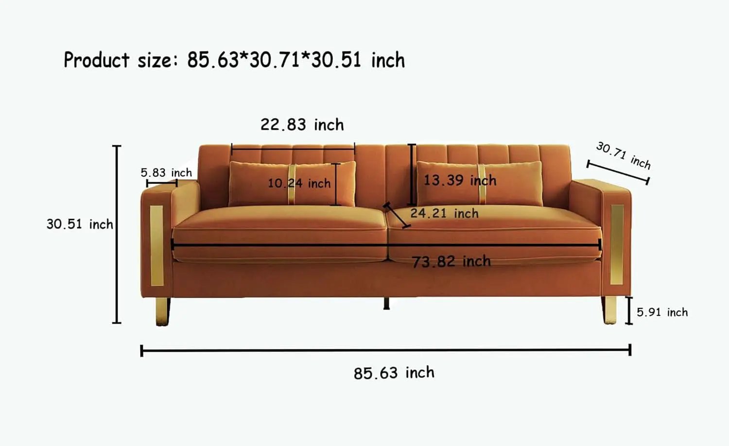 2 Piece Orange Velvet Loveseat Couch Set With Gold Metal Legs 86 Inch Living Room Sofa With 4 Pillows from PriceLows™