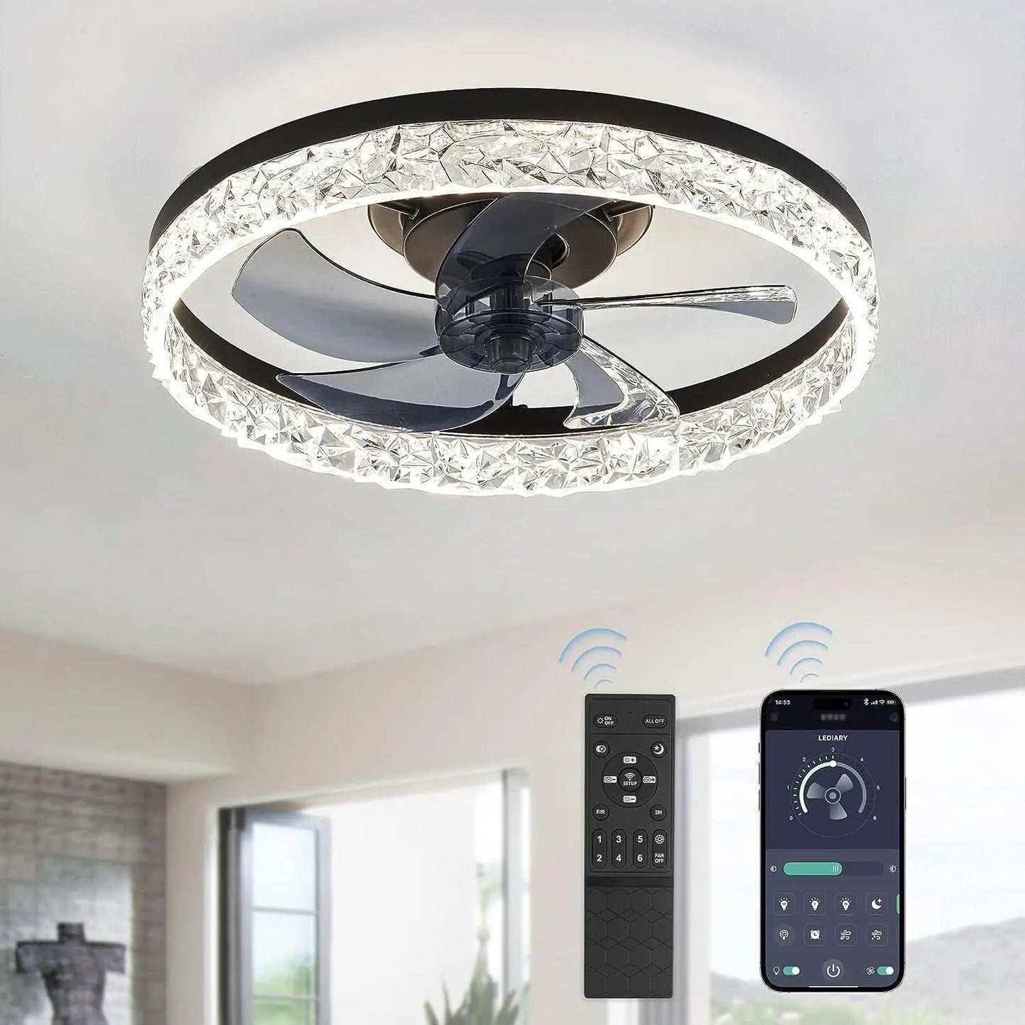 20 Inch Black Ceiling Fan With Lights And Remote, Dimmable, Flush Mount, Stepless Color Temperature, 6 Speeds from PriceLows™