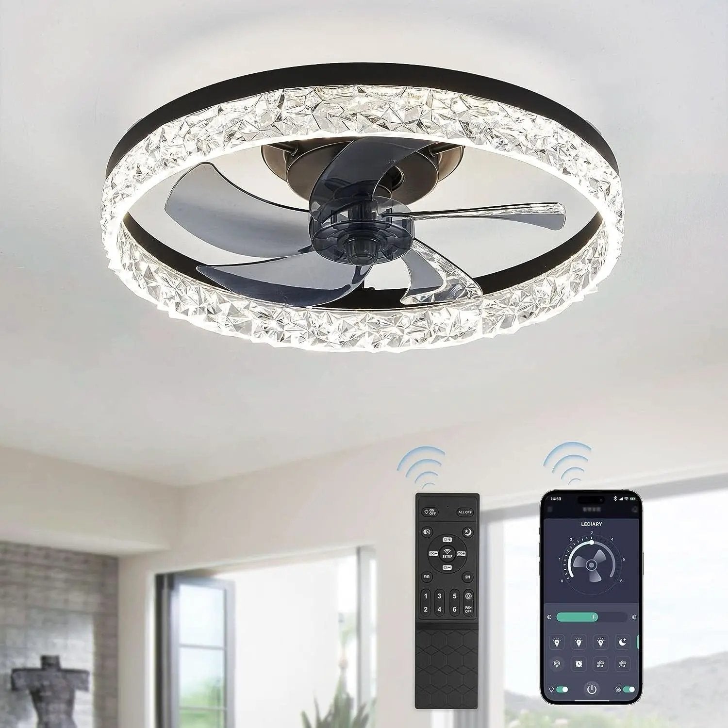 20 Inch Black Ceiling Fan With Lights And Remote, Dimmable, Flush Mount, Stepless Color Temperature, 6 Speeds from PriceLows™