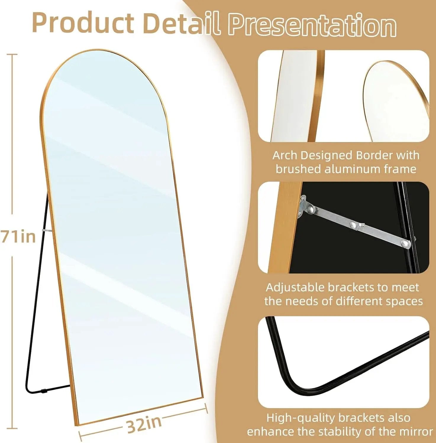 Arched Full Length Mirror 71x32 Inches Gold Aluminum Floor from PriceLows™