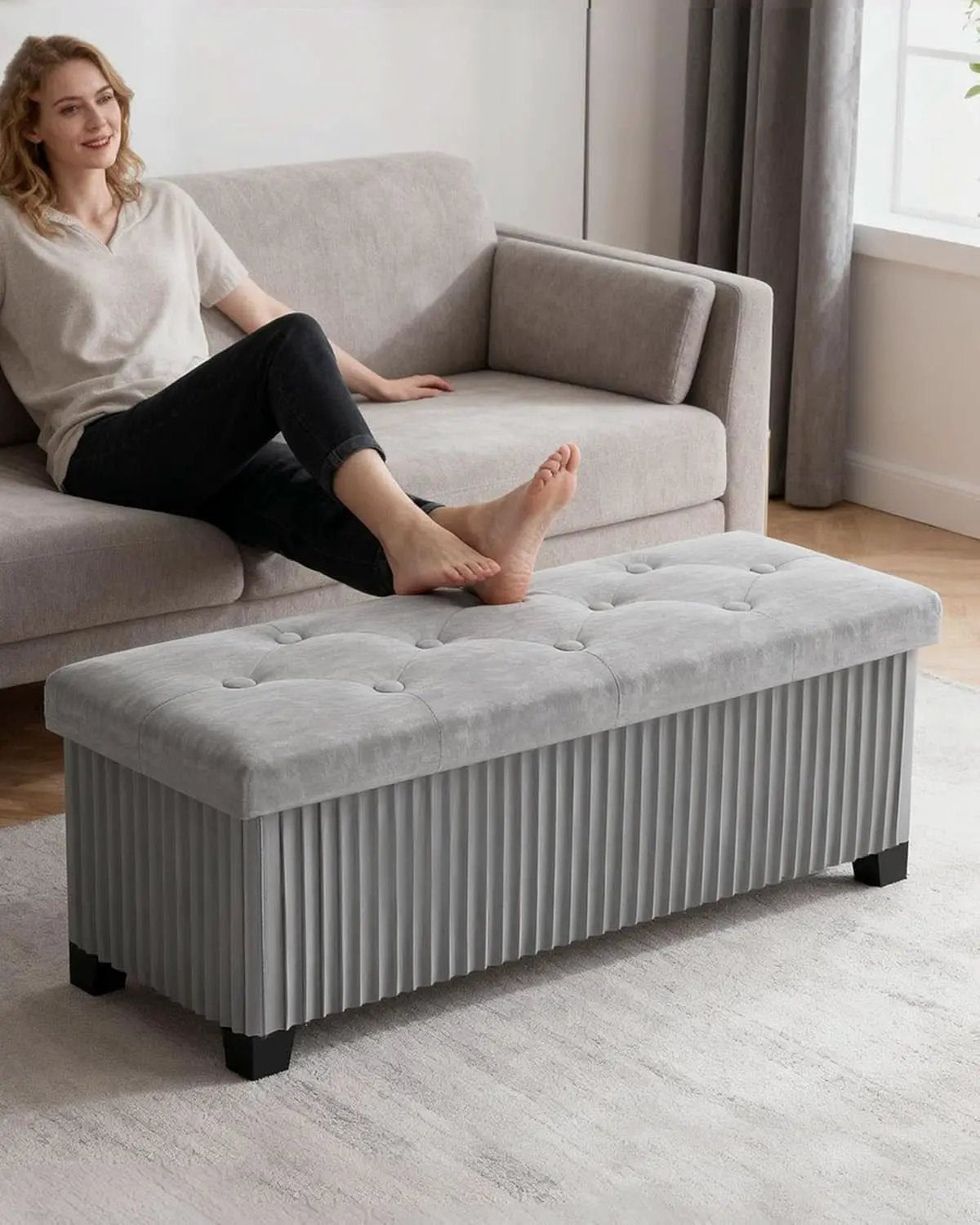 43 Inch Luxurious Velvet Storage Ottoman Bench Grey from PriceLows™