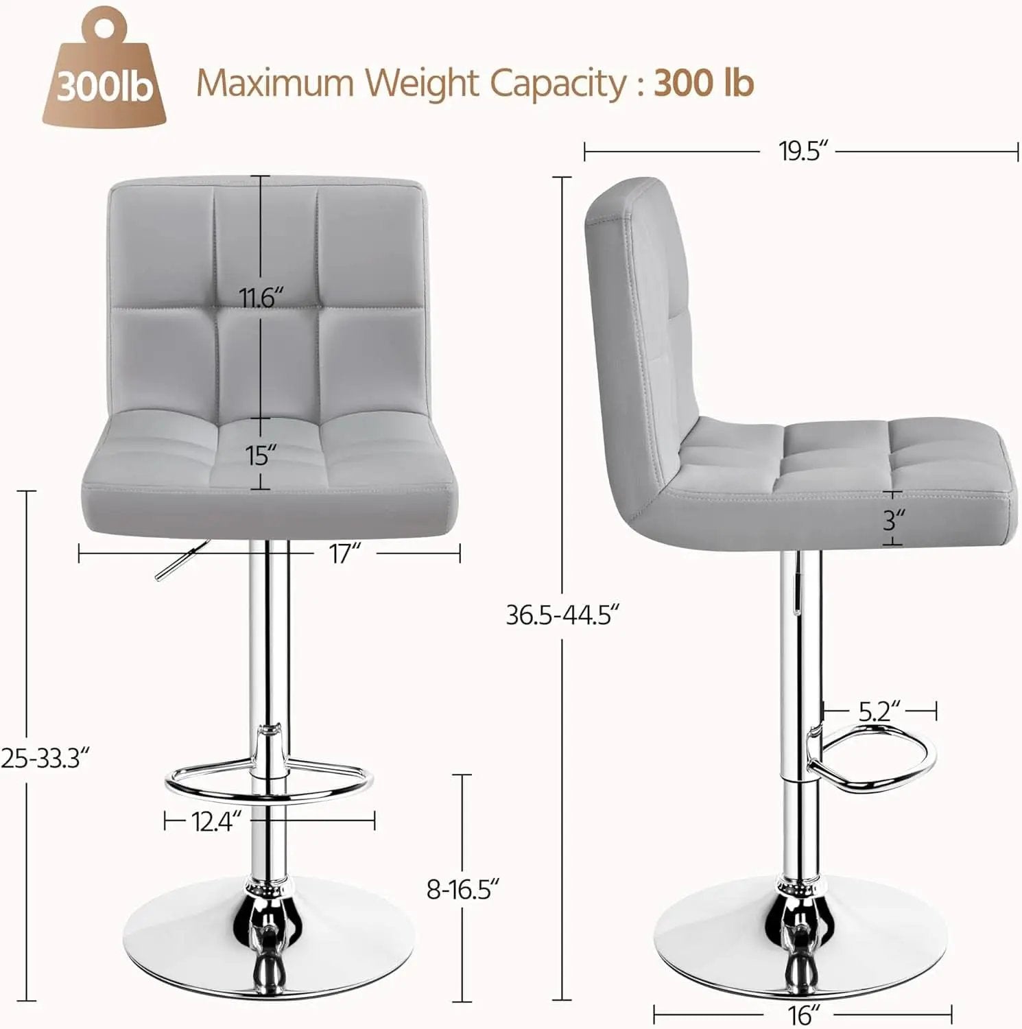 Bar Stools 2 Pack Adjustable Gray PU Leather Counter Height from PriceLows™