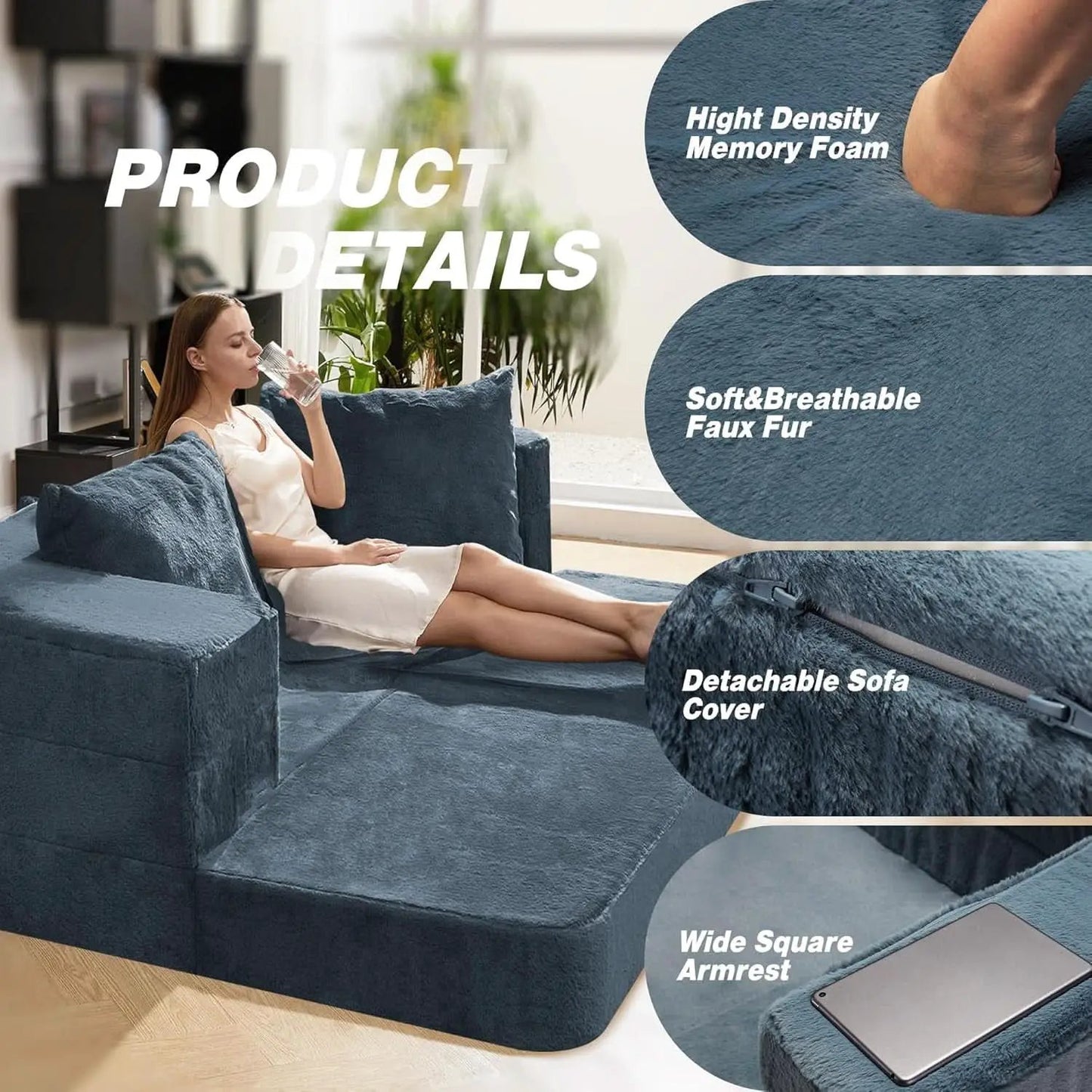 Blue Gray Large 3-In-1 Folding Bean Bag Couch Sofa Bed from PriceLows™