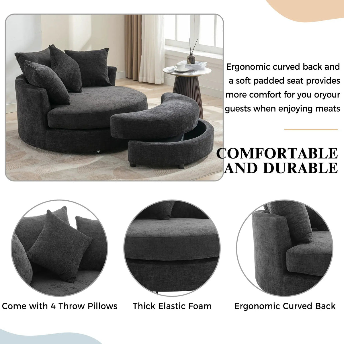 Swivel Accent Chair | 360 Degree Rotation | Ergonomic Padded Seat | Round Frame
