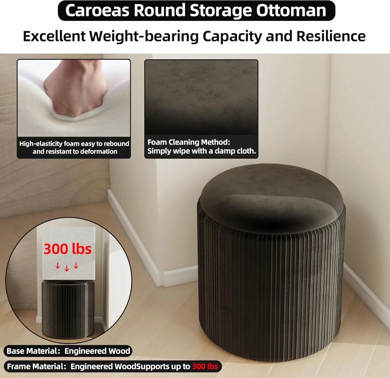 Round Velvet Storage Ottoman Black Lacquered Finish from PriceLows™
