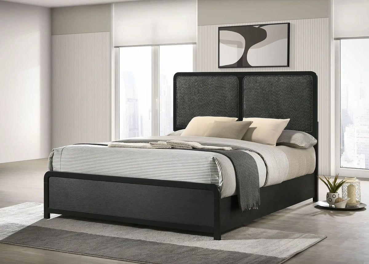 Cavelle 51-inch Upholstered Queen Panel Bed | 63.5 x 85 x 50.5 in | Engineered Wood & Chenille | Black