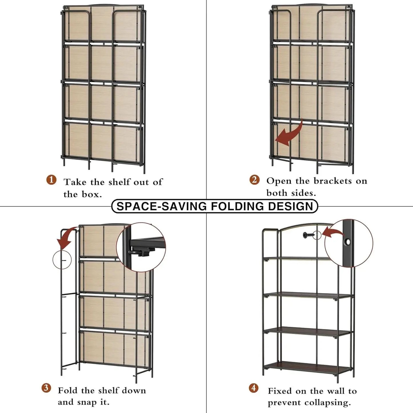 4 Tier Black Folding Bookshelf for Living Room Home Office from PriceLows™