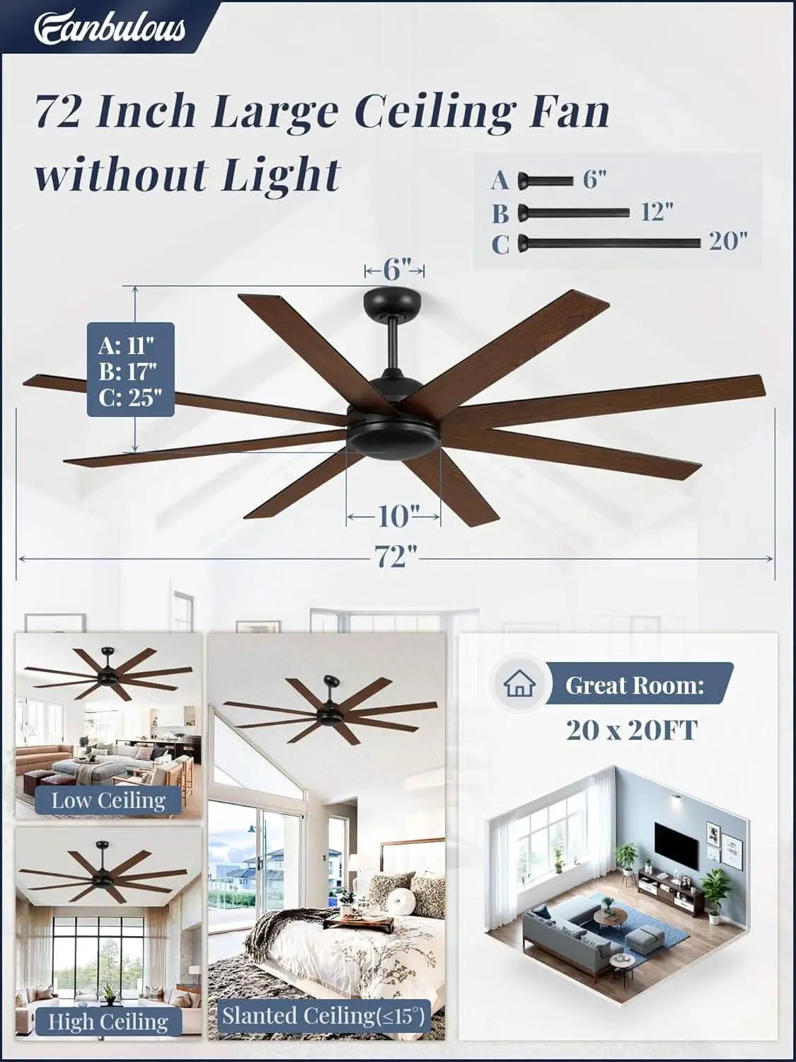 72 Inch Black Ceiling Fan With Remote DC Motor For Indoor Outdoor from PriceLows™
