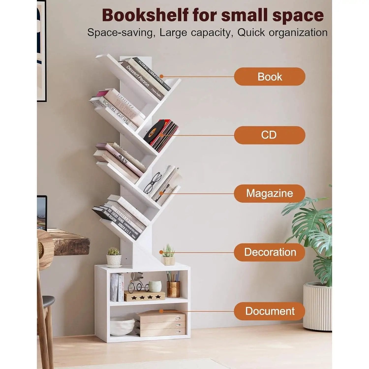 6 Tier Tree Bookshelf Tall Bookcase With Storage Cabinet White from PriceLows™