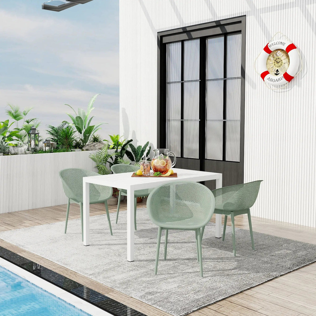 4 Pack Lounge Chair Set With Long Table | 5 Piece Outdoor Set | Metal | Dining Room
