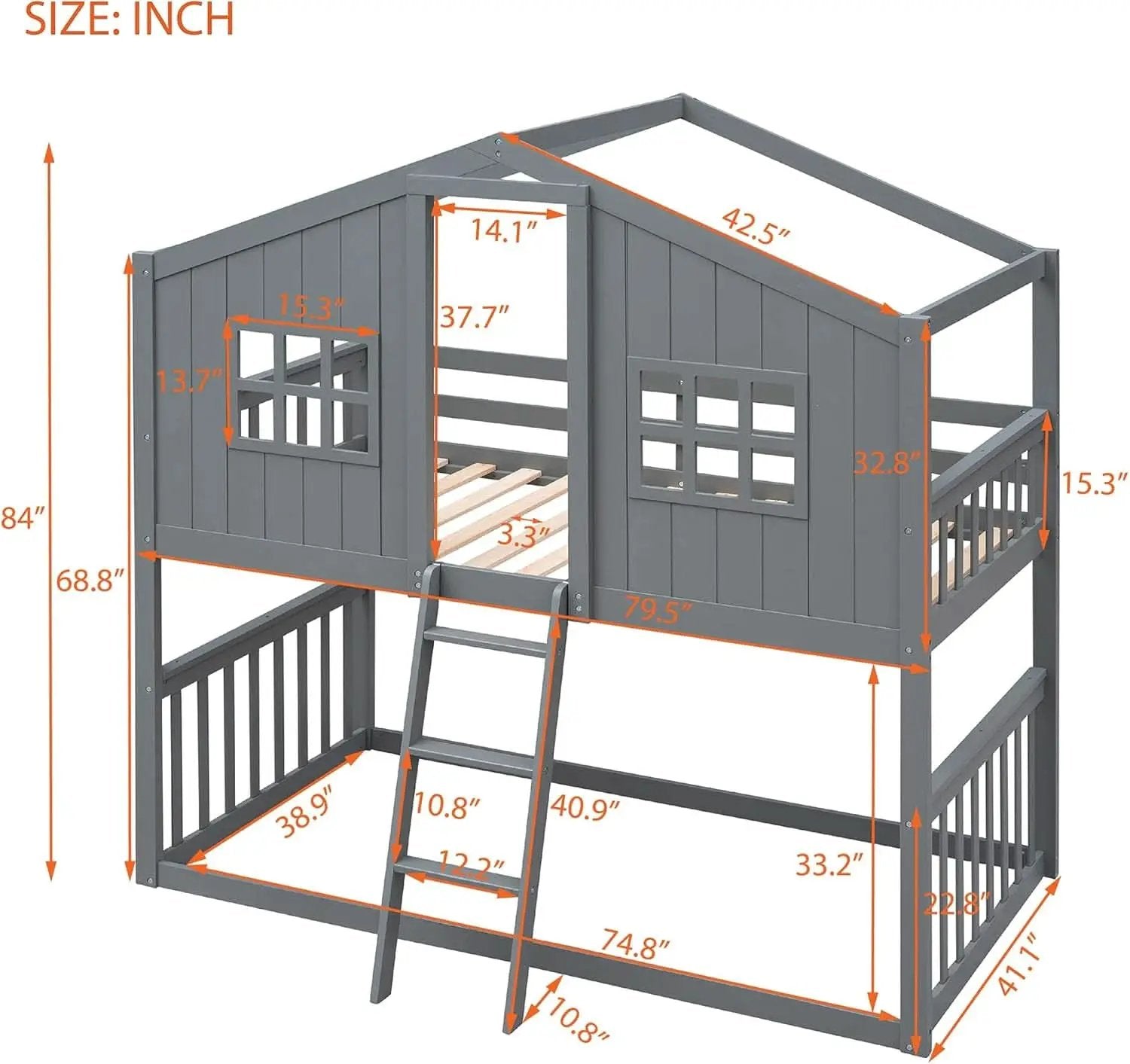 Gray Twin Over Twin House Bunk Bed With Roof For Kids from PriceLows™