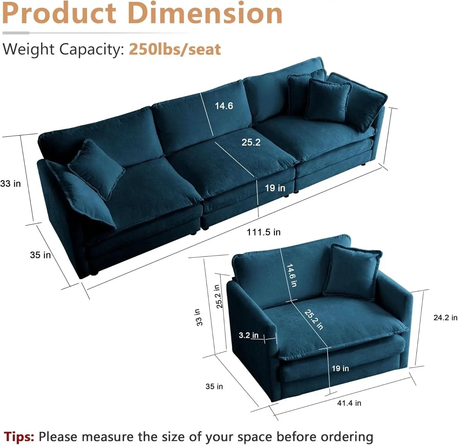 Blue Chenille Three Piece Sofa Set With Seven Pillows from PriceLows™