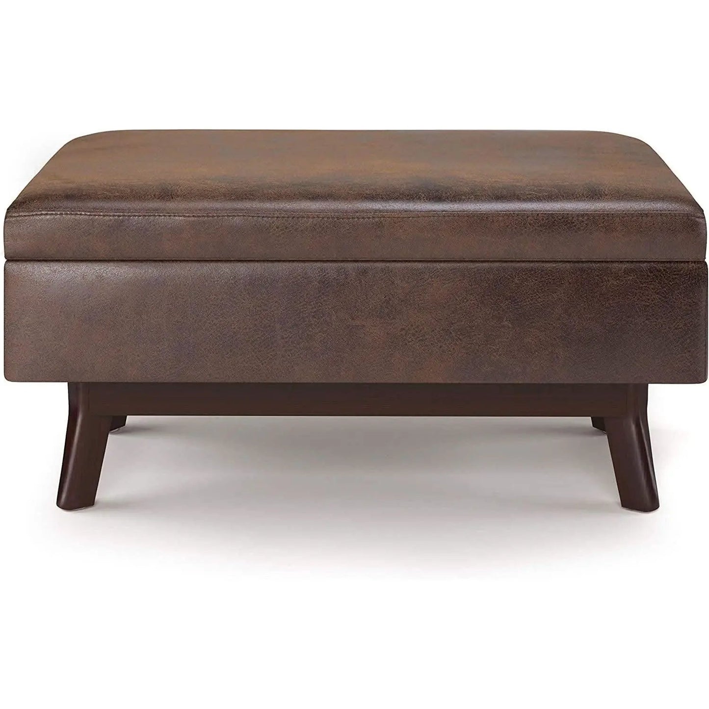 Mid Century Storage Ottoman 36W Chestnut Faux Leather from PriceLows™