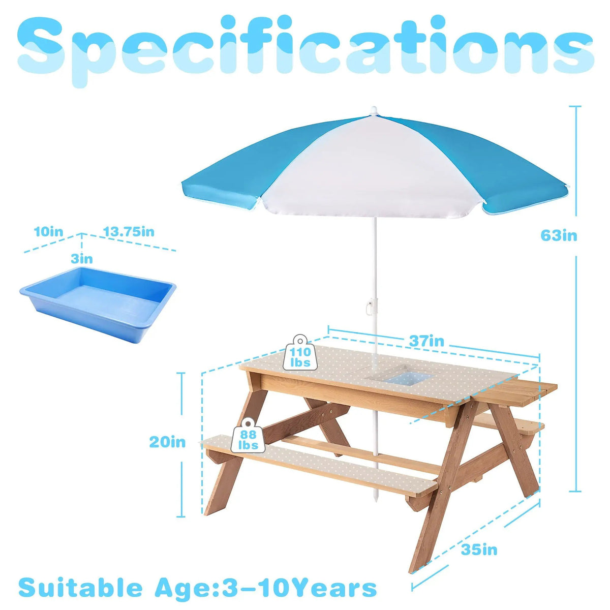 Kids Picnic Table With Umbrella | 3-In-1 Convertible Design | Natural Cedar Wood | Sand And Water Play
