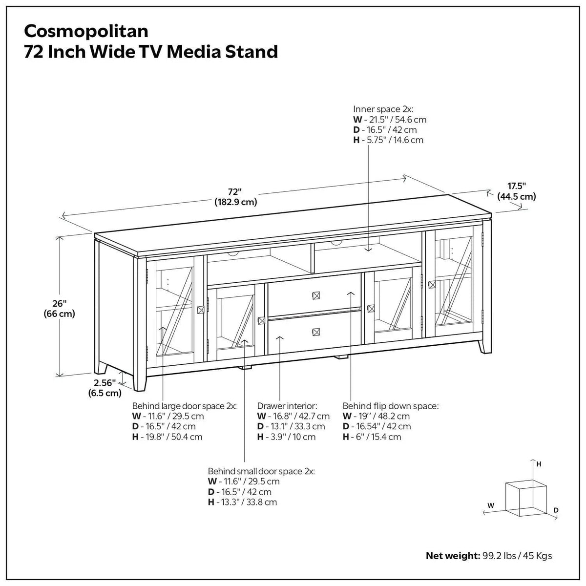 Cosmopolitan Wide TV Media Stand | 72 x 17.5 x 26 in | Solid Wood & Tempered Glass | Mahogany Brown