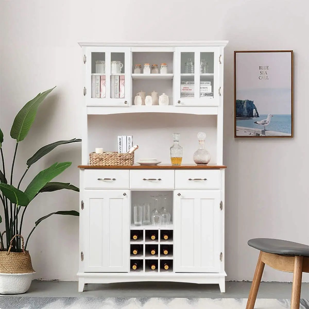White Kitchen Hutch Sideboard With Built In Wine Rack from PriceLows™