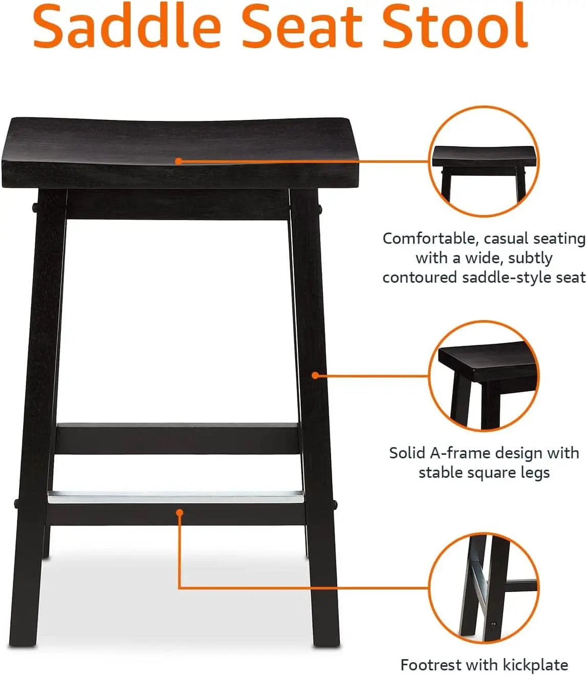 Solid Wood Saddle Bar Stool Counter Height Set 2 Black 24In from PriceLows™