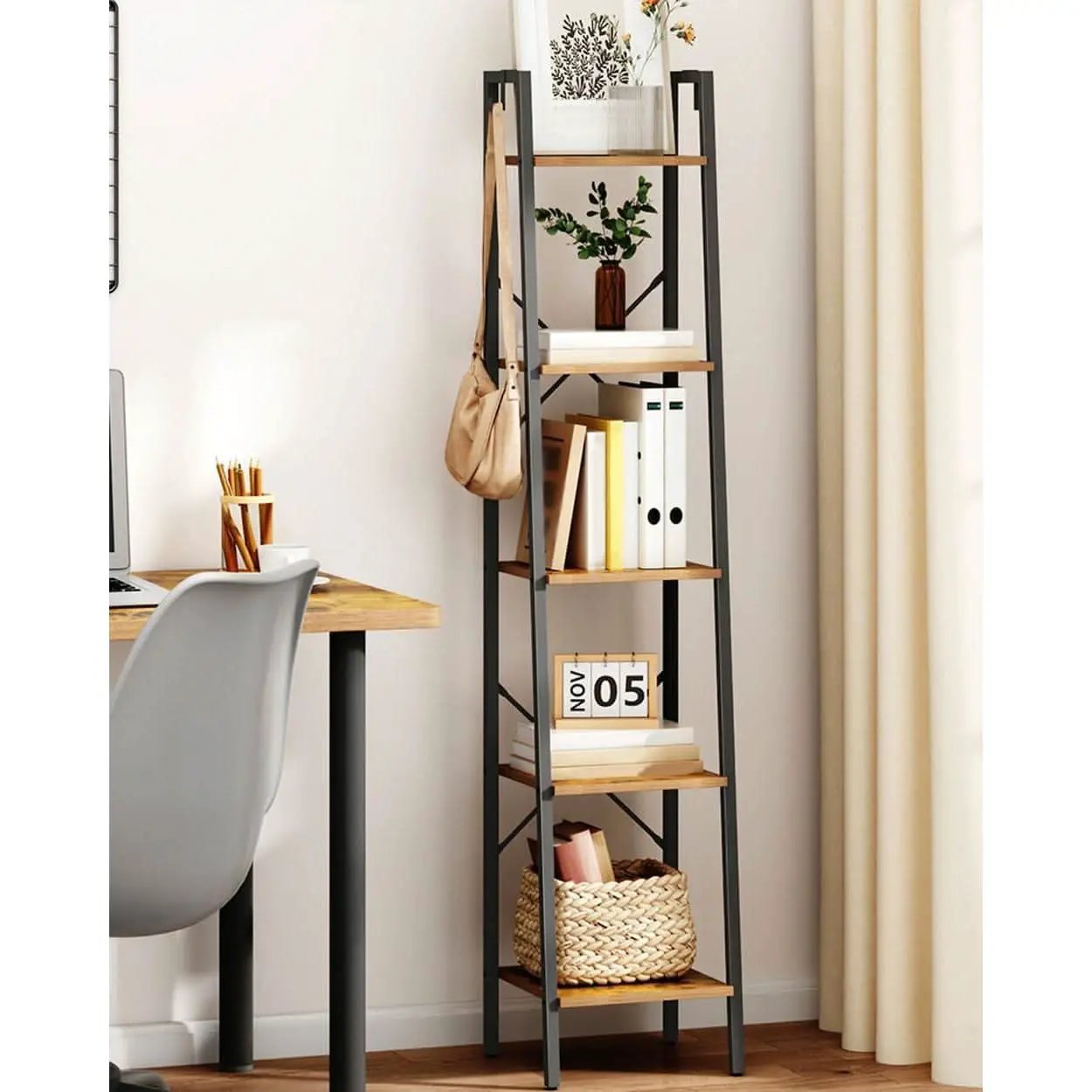 Ladder Shelf Bookcase 5 Tier Rustic Brown Freestanding from PriceLows™