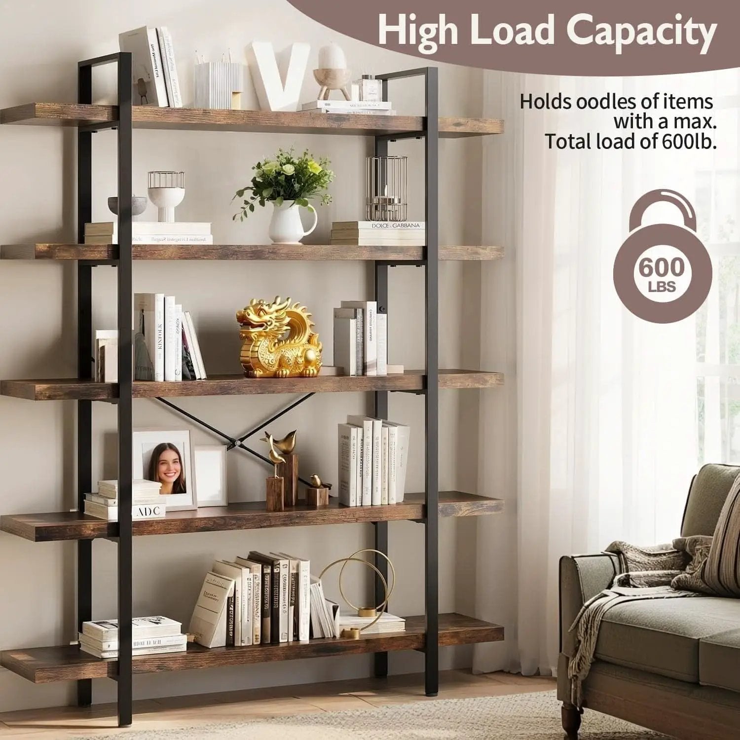 Brown 47 Inch Wide Industrial Bookcase Open Shelves from PriceLows™