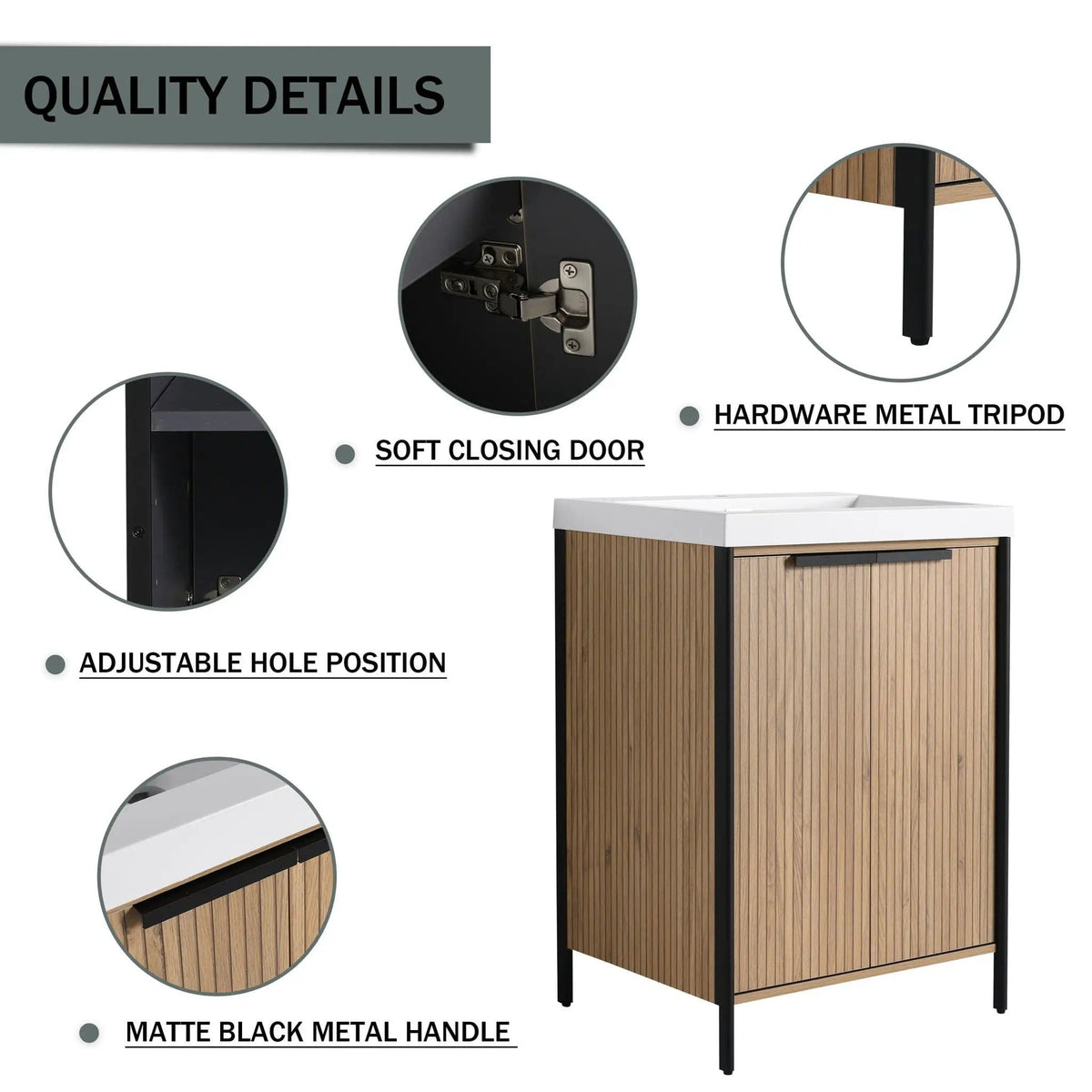 Modern Freestanding Bathroom Vanity With Resin Sink & Soft Close Cabinet Doors | 4 Pieces | Metal & Plywood | Bathroom