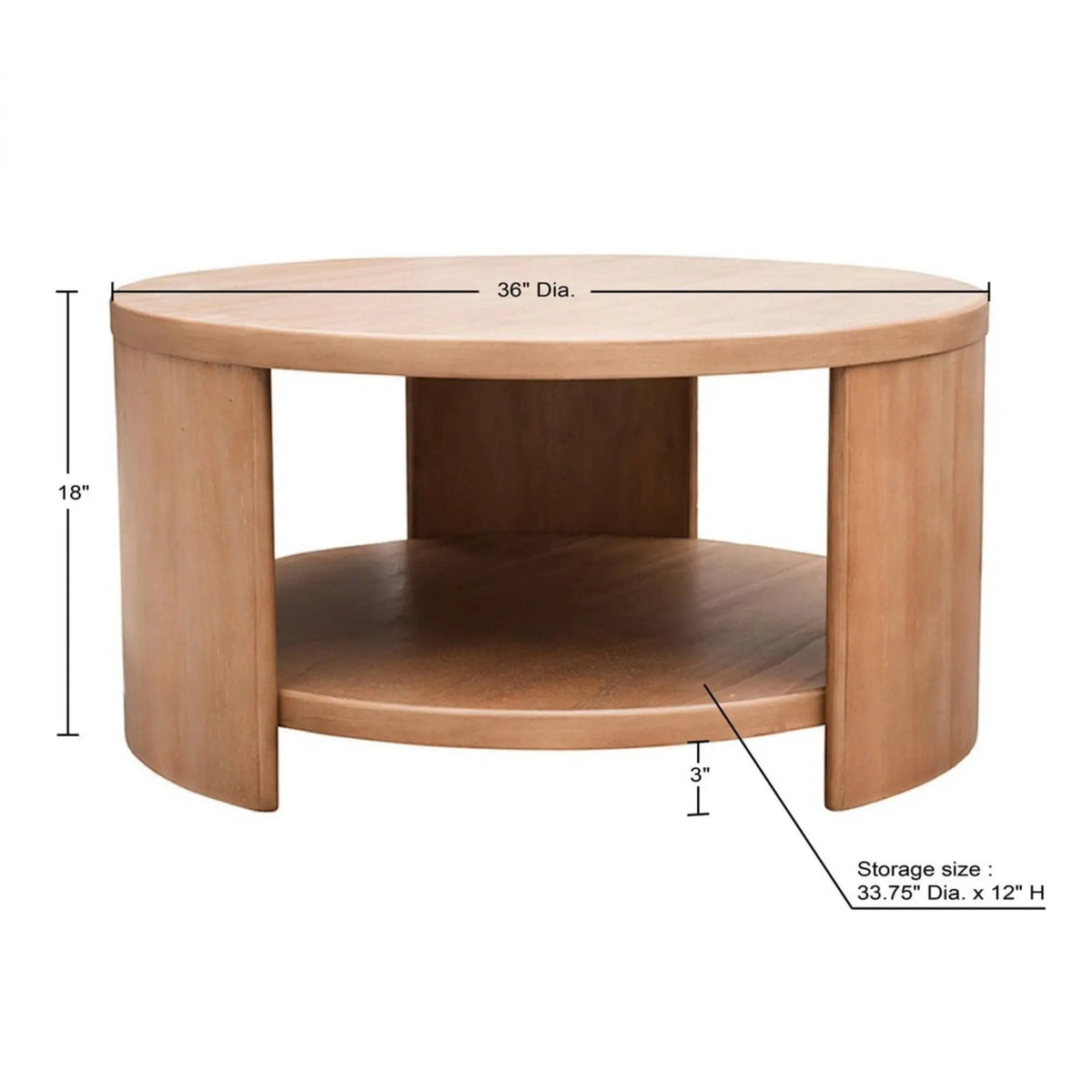 Minimalist Round Coffee Table | Natural Finish | Fixed Shelf Storage | 36 Inch Diameter
