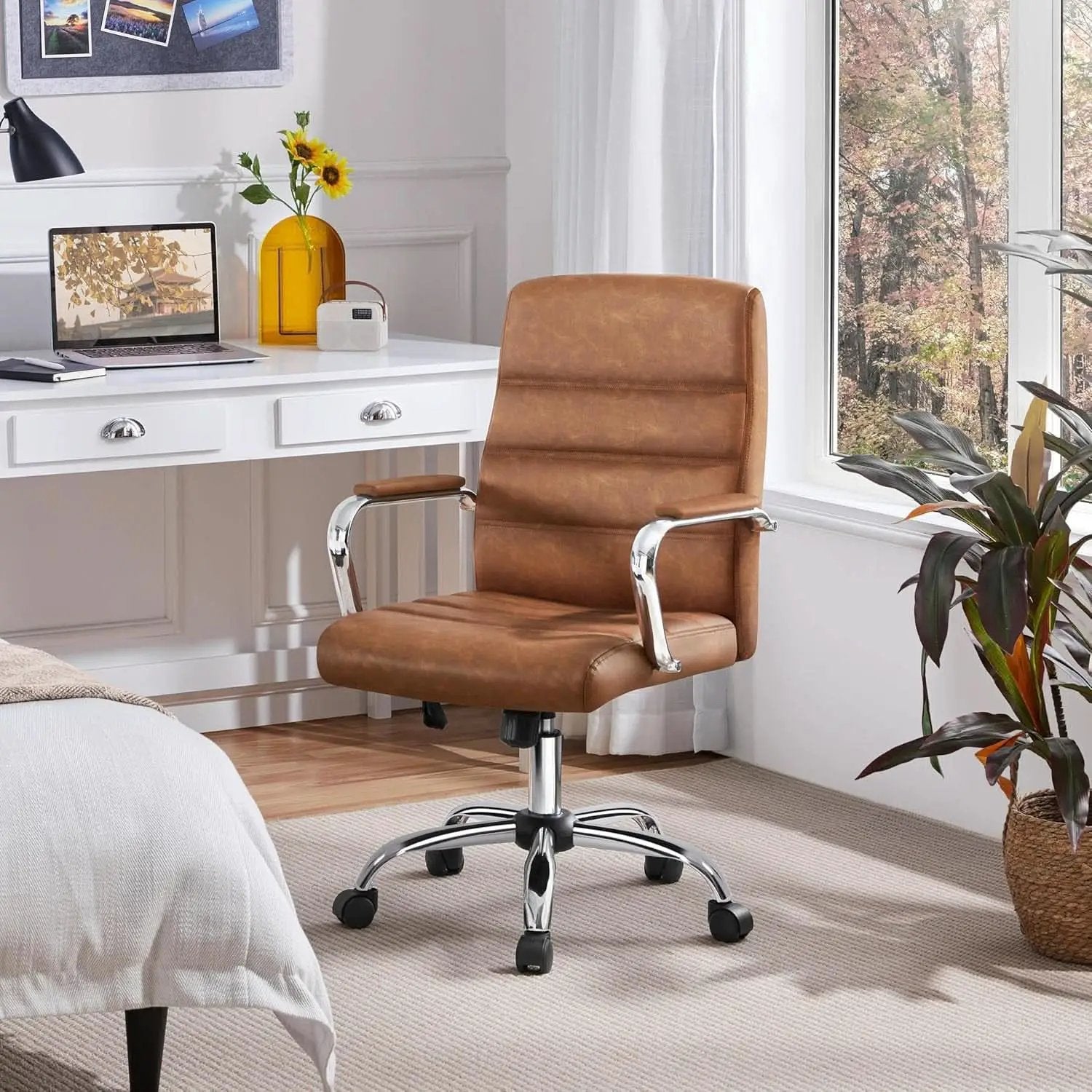 Mid Back Office Chair With Arms Brown Height Adjustable from PriceLows™