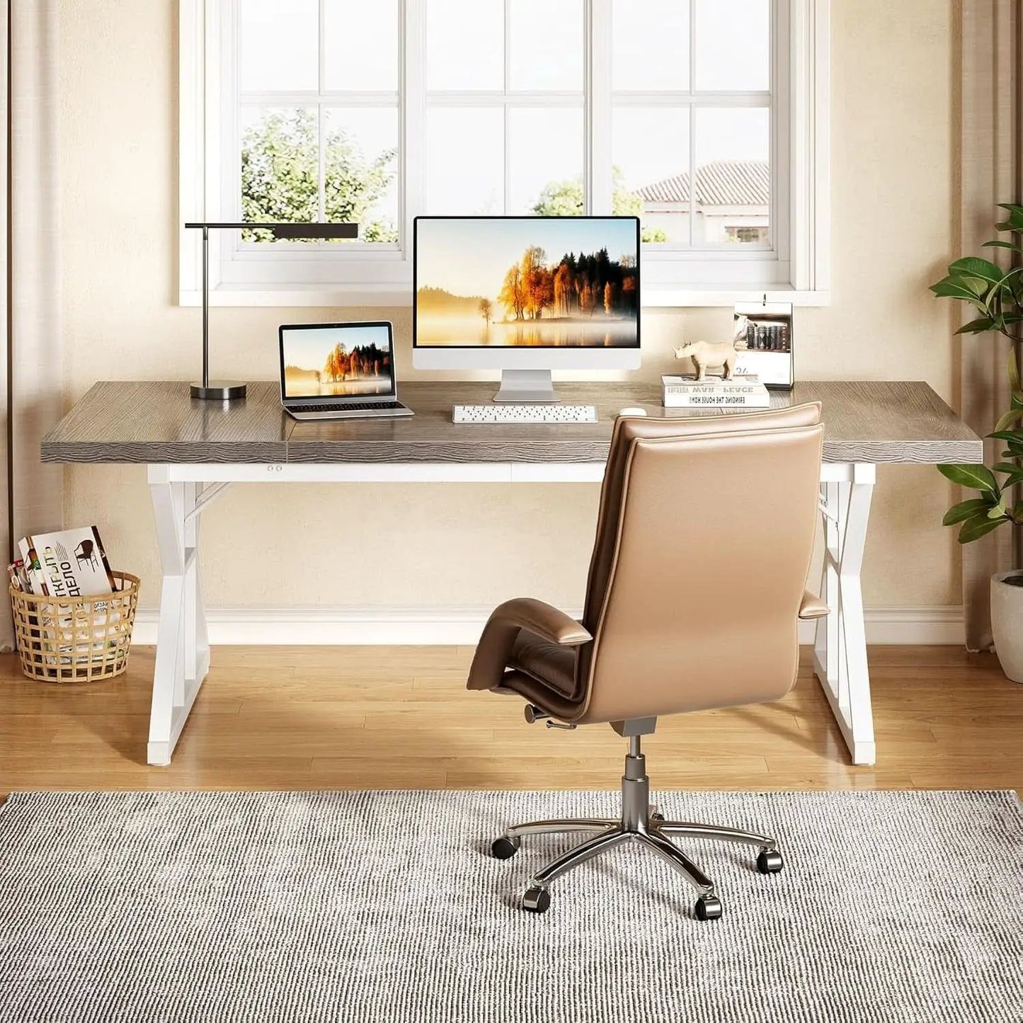 70.8 Inch Modern Executive Desk Grey White Home Office from PriceLows™