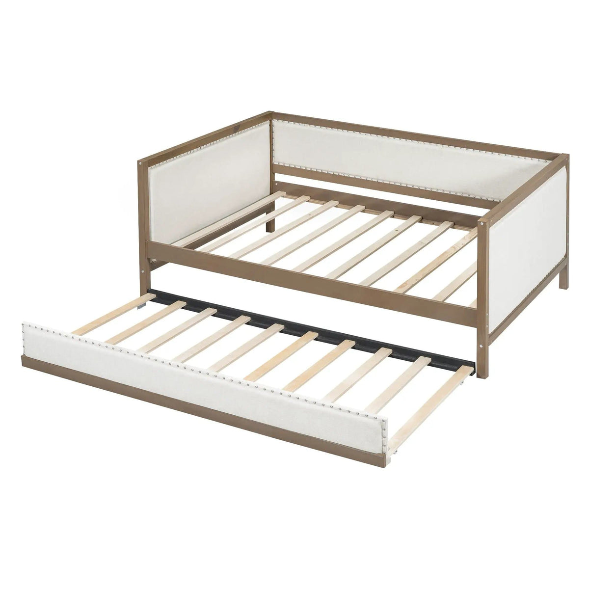 Full Size Daybed With Trundle And Nailhead Decoration Wood | 79.5 x 56.8 x 33 in | Pine Wood & Linen | Bedroom