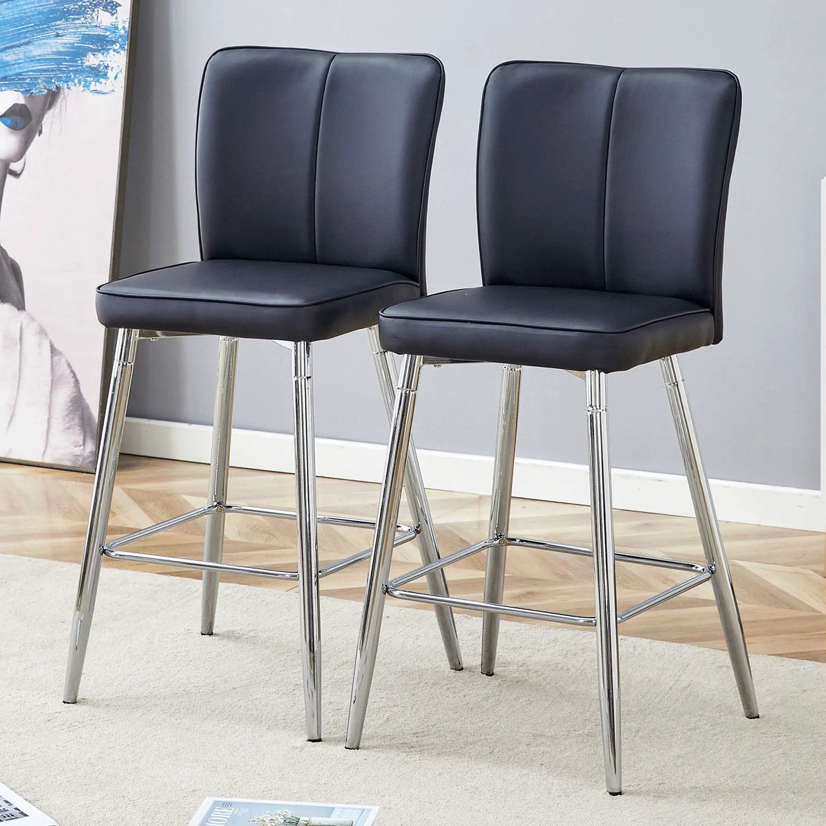 Modern Bar Chair Set | Metal Frame | High Density Foam | Black Silver