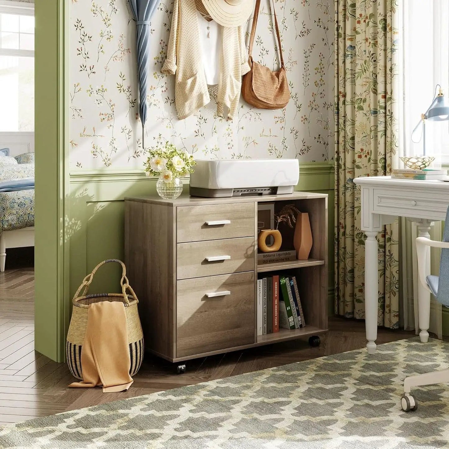 Three Drawer Mobile File Cabinet In Gray Oak With Open Shelves Printer Stand For Home Office from PriceLows™