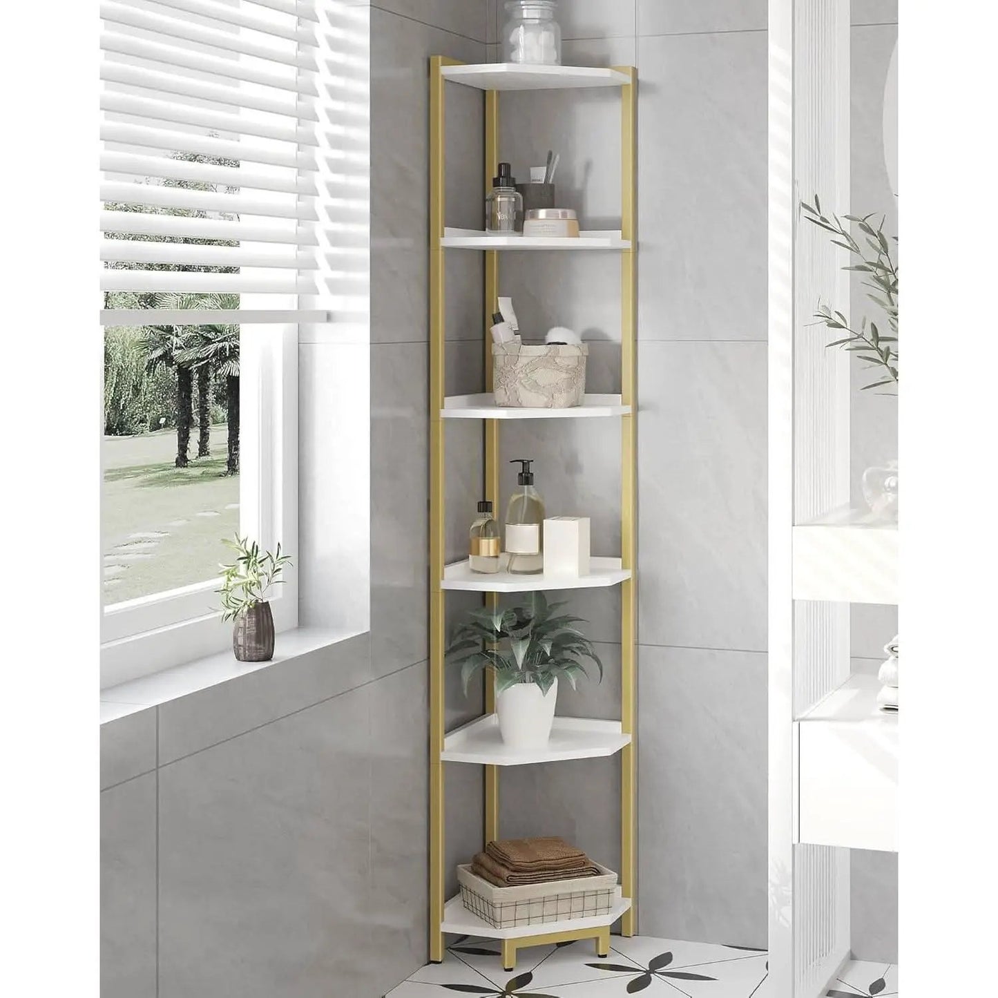 6-Tier Corner Shelf Stand White Gold Finish For Living Room from PriceLows™