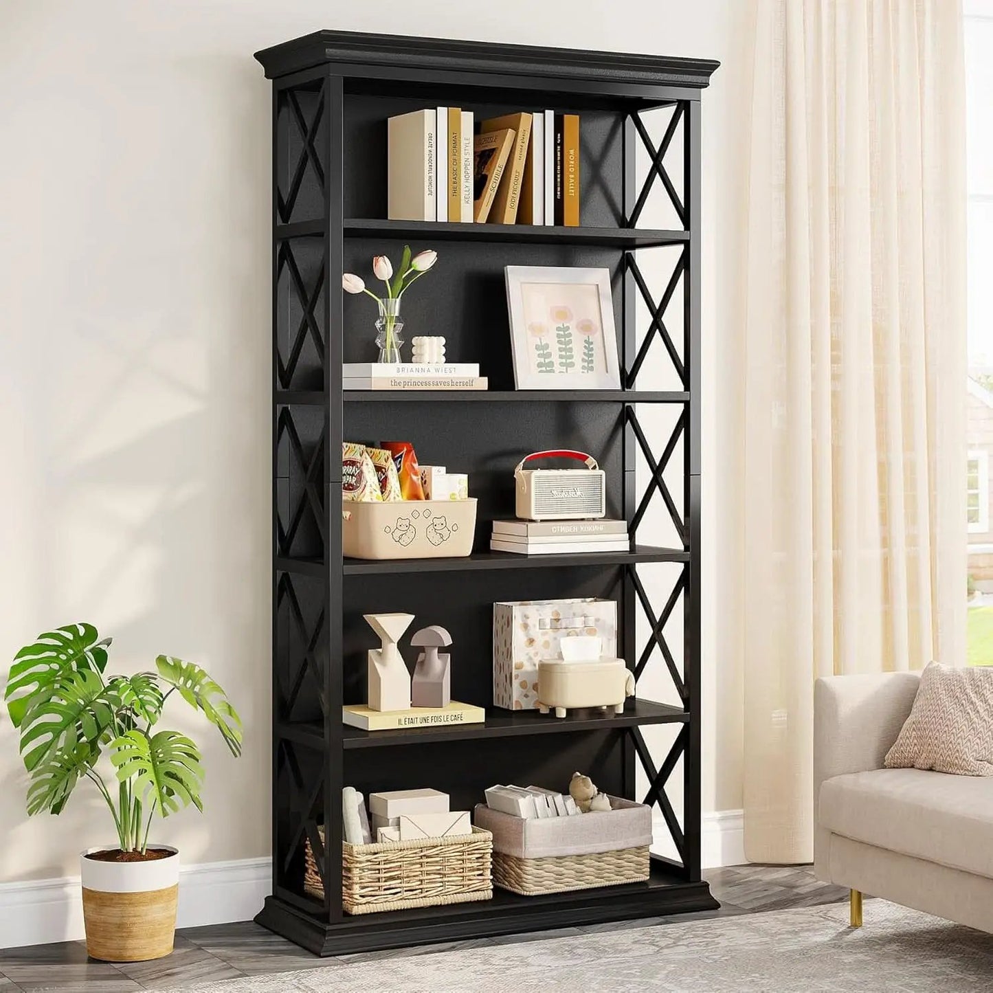 71 Inch 6 Tier Industrial Bookcase Floor Standing All Black from PriceLows™