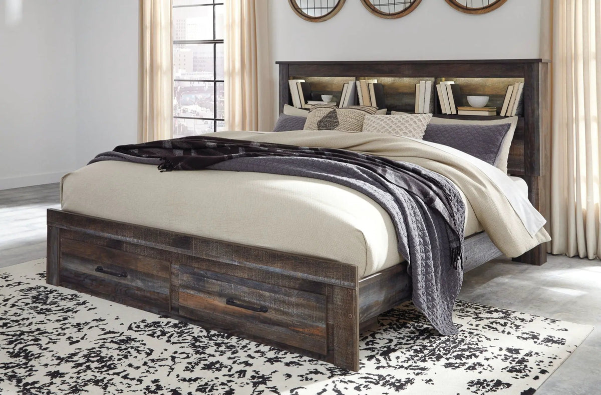 Drystan Panel Bookcase Bed | Storage Headboard | Rustic Industrial Style | 85 Inch Length