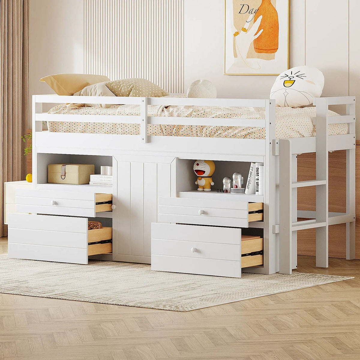 Loft Bed With 4 Drawers, Underneath Cabinet And Shelves | 81.8 x 40.8 x 43.3 in | Pine Wood | Bedroom