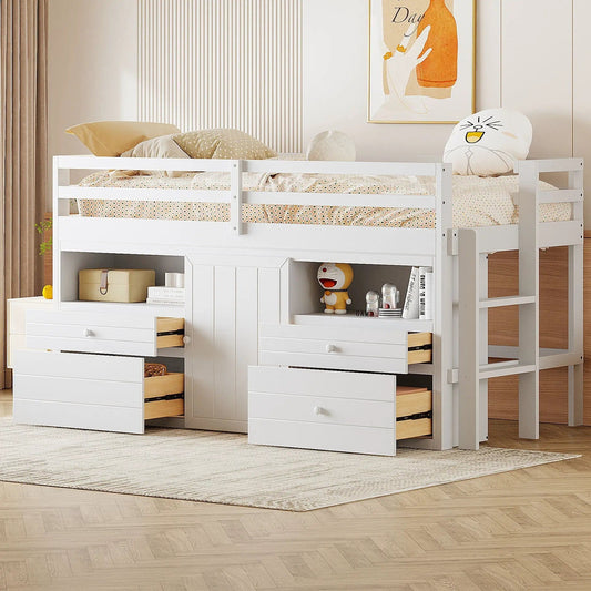 Loft Bed With 4 Drawers, Underneath Cabinet And Shelves | 81.8 x 40.8 x 43.3 in | Pine Wood | Bedroom