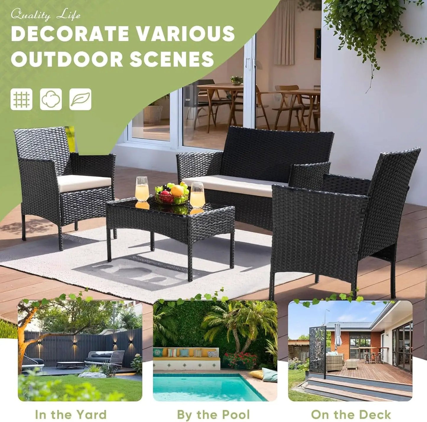Patio Furniture Four Piece Conversation Set Black Beige from PriceLows™