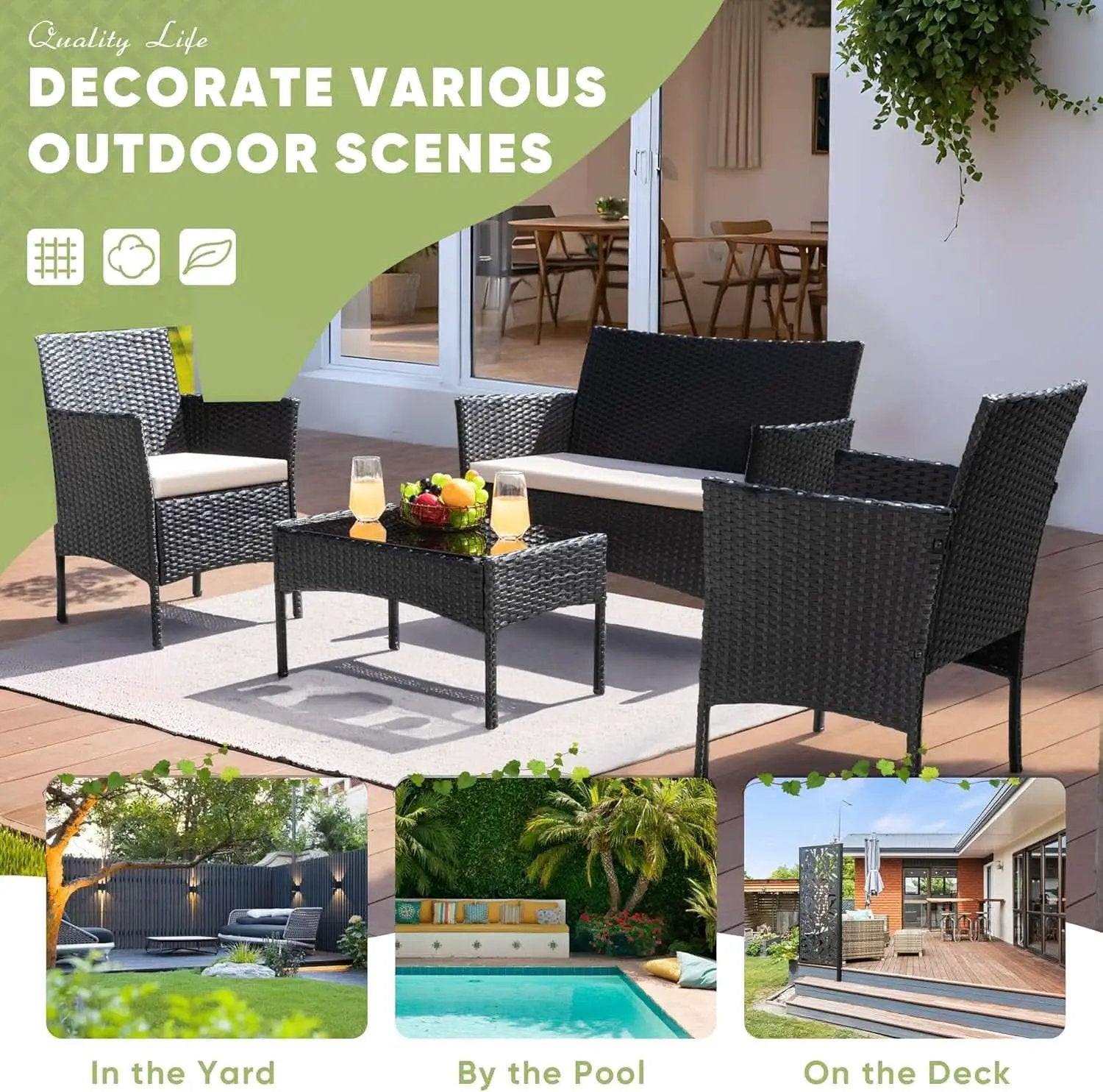 Patio Furniture Four Piece Conversation Set Black Beige from PriceLows™