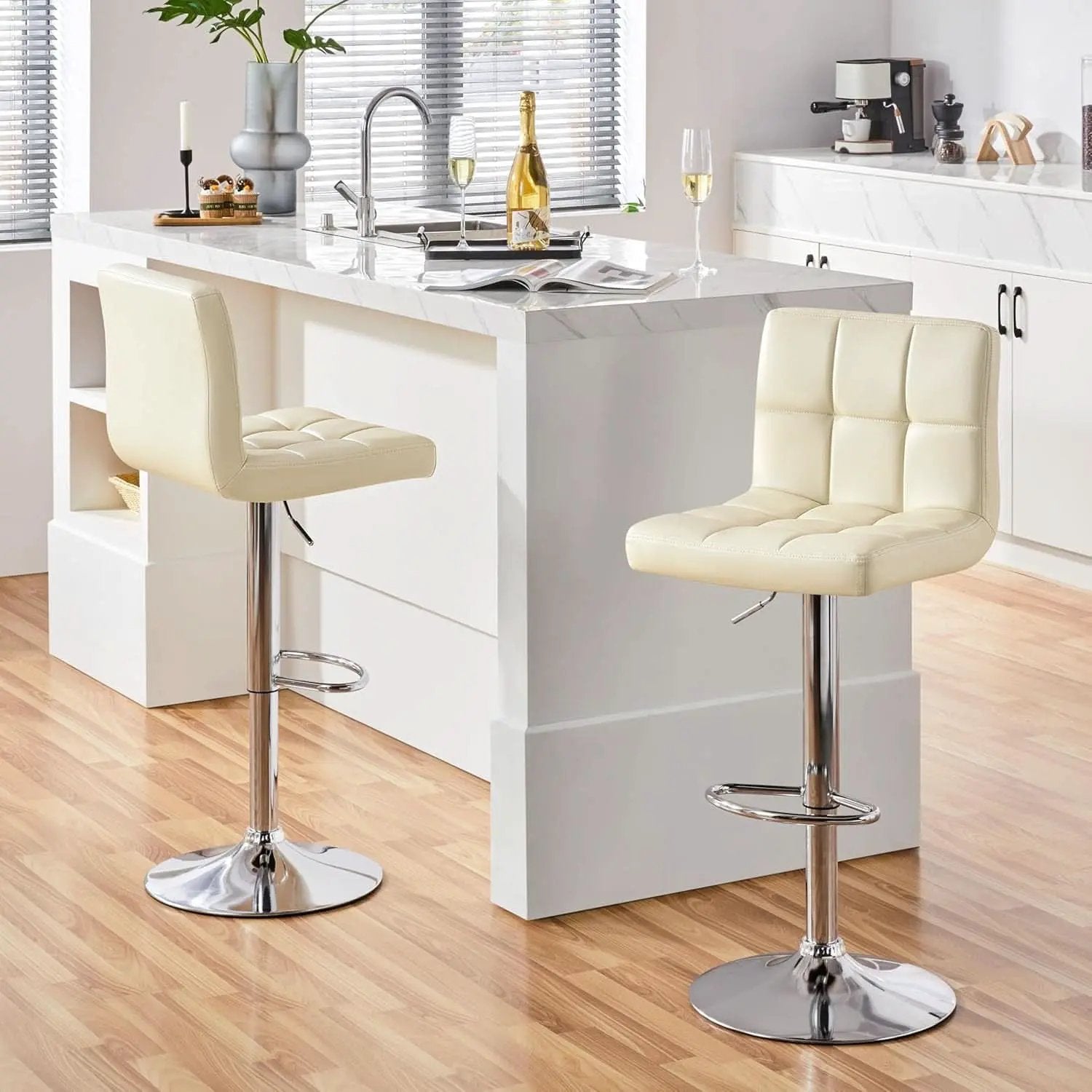Beige Adjustable PU Leather Swivel Bar Stools Set Of 2 from PriceLows™