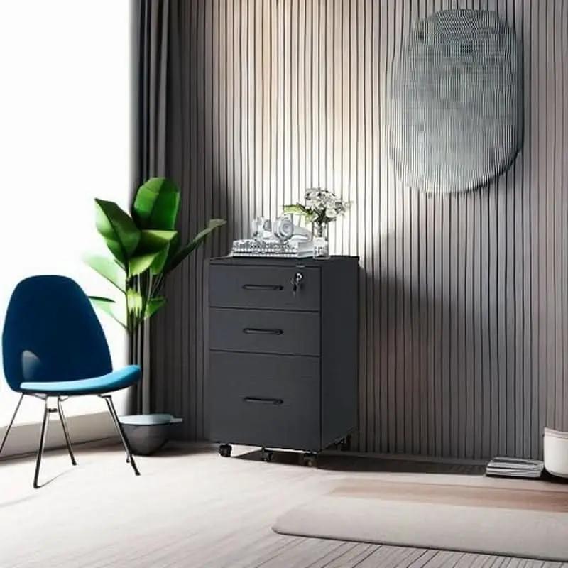3 Drawer Wood Mobile File Cabinet With Wheels Black Under Desk Office Storage For Home Office Use from PriceLows™