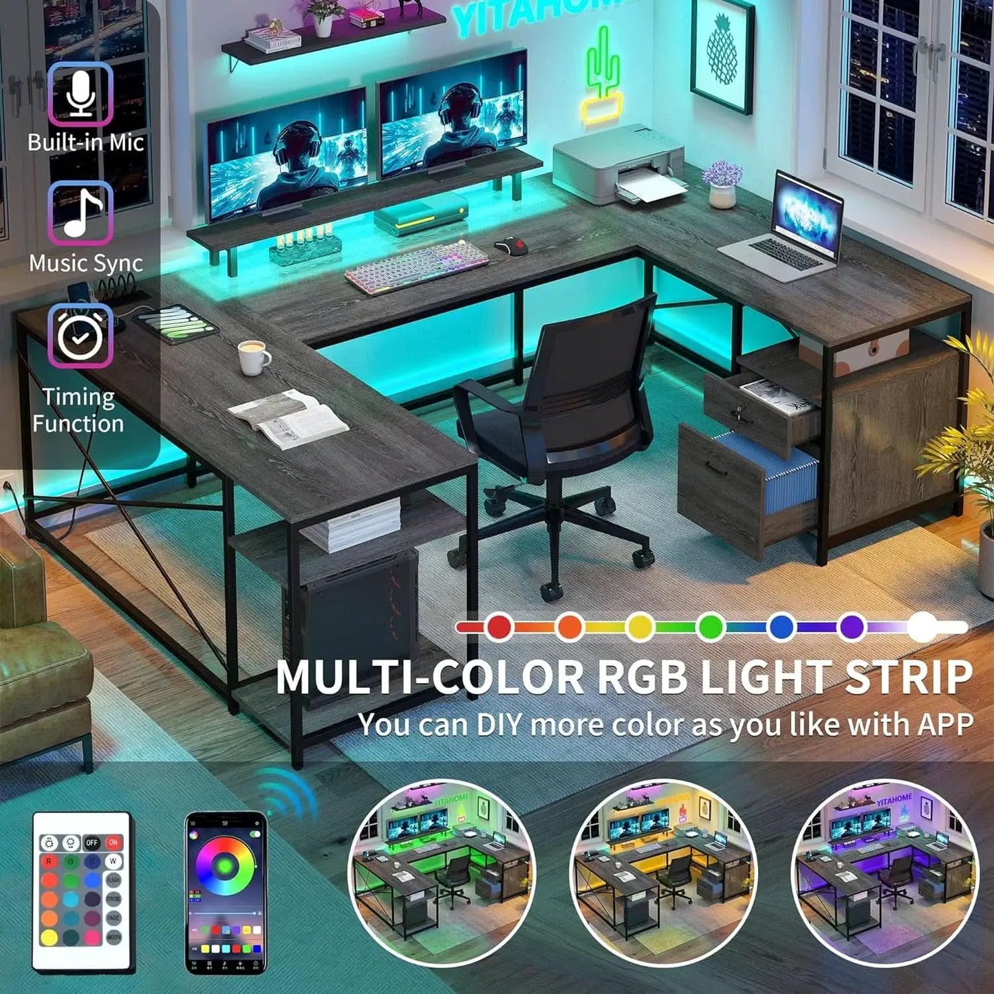 U Shaped Desk 79 Inch Power Outlets And Led Lights Grey from PriceLows™