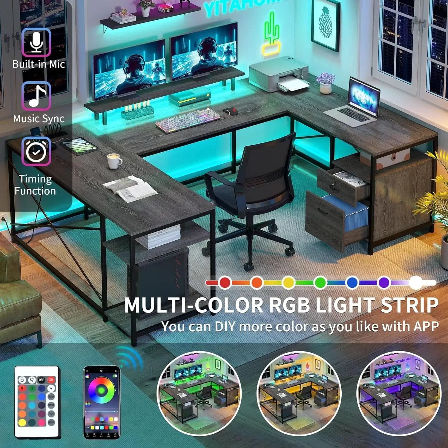 U Shaped Desk 79 Inch Power Outlets And Led Lights Grey from PriceLows™