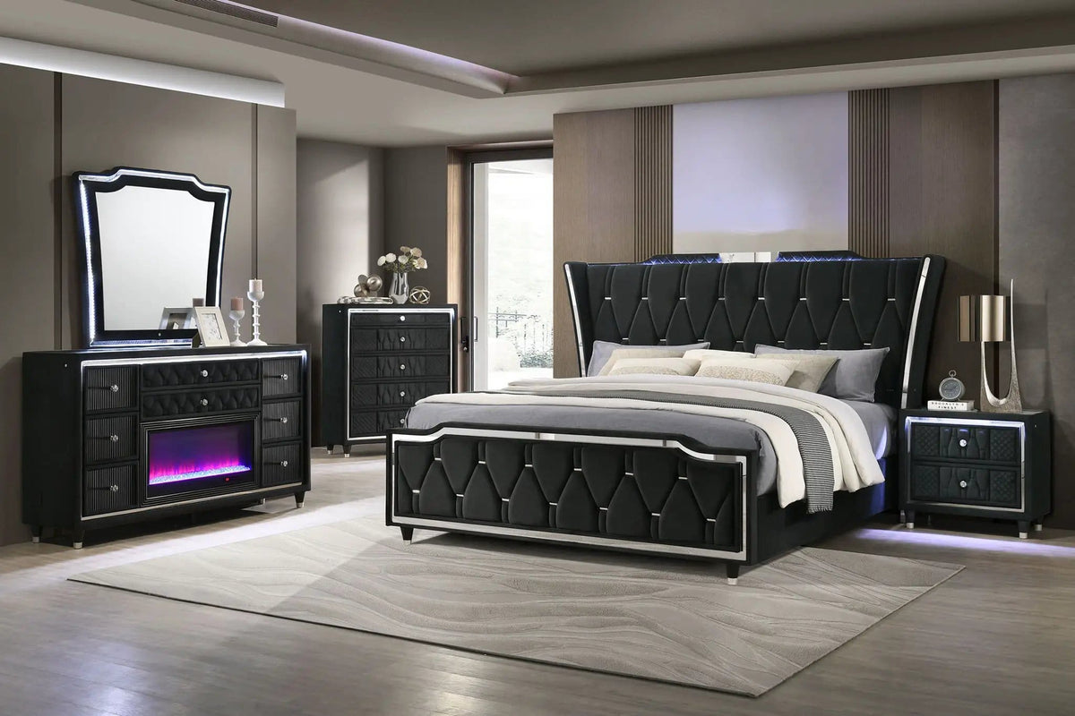 Lorient 5-piece Queen Bedroom Set | 5-Piece Set | Rubberwood & Velvet | Black