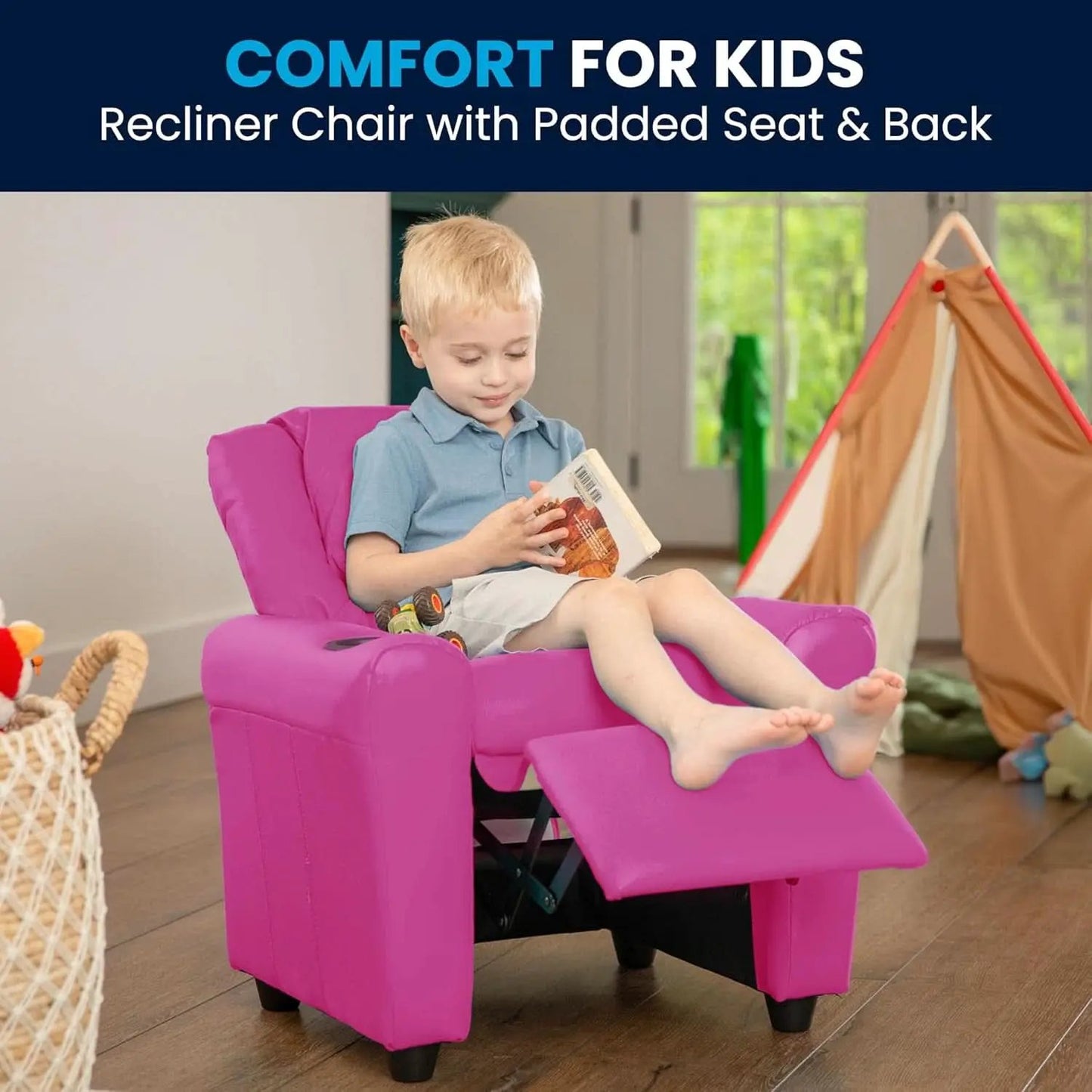 Hot Pink Kids Recliner With Cup Holder Compact Design from PriceLows™