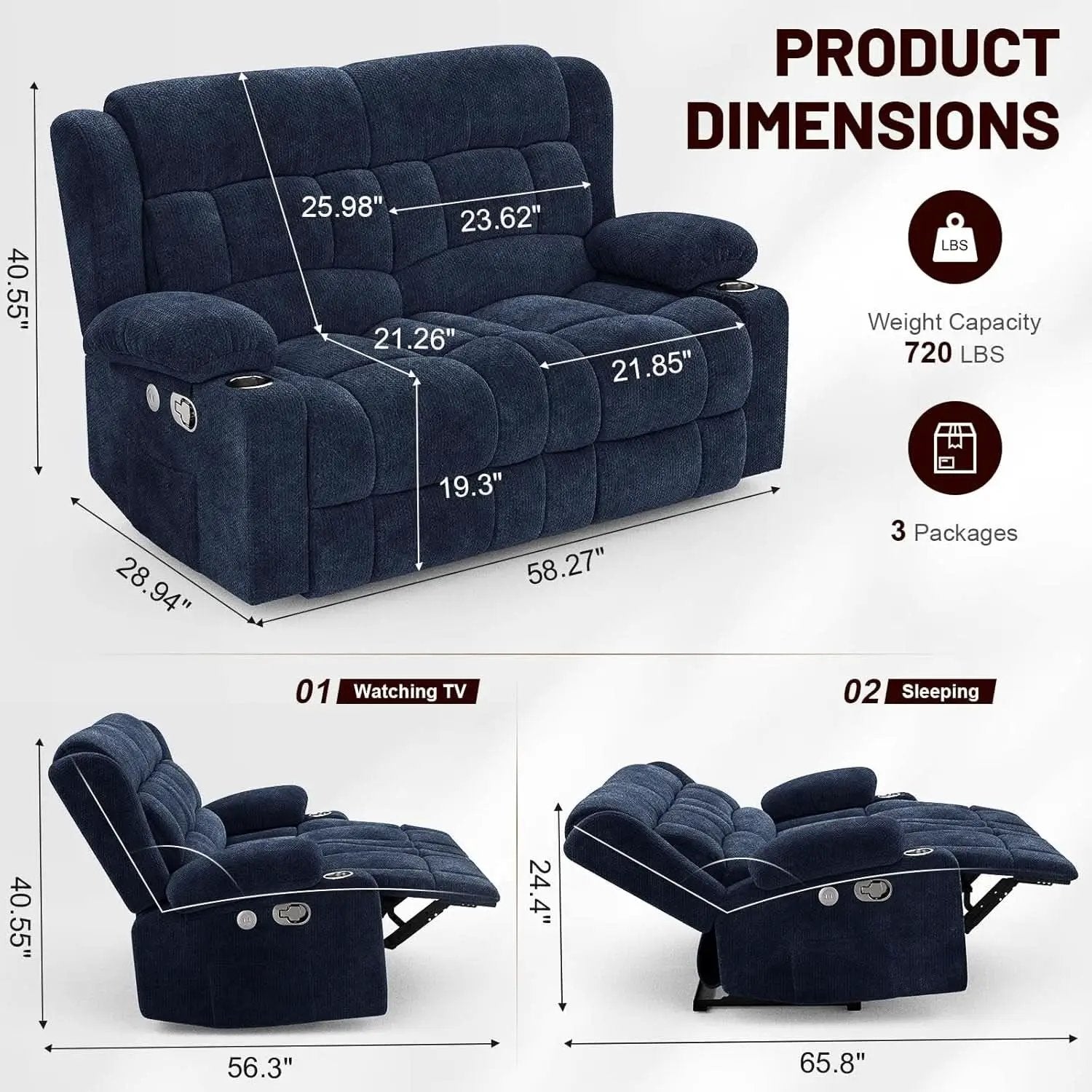 Blue Fabric Reclining Loveseat With USB Ports For Living Room from PriceLows™