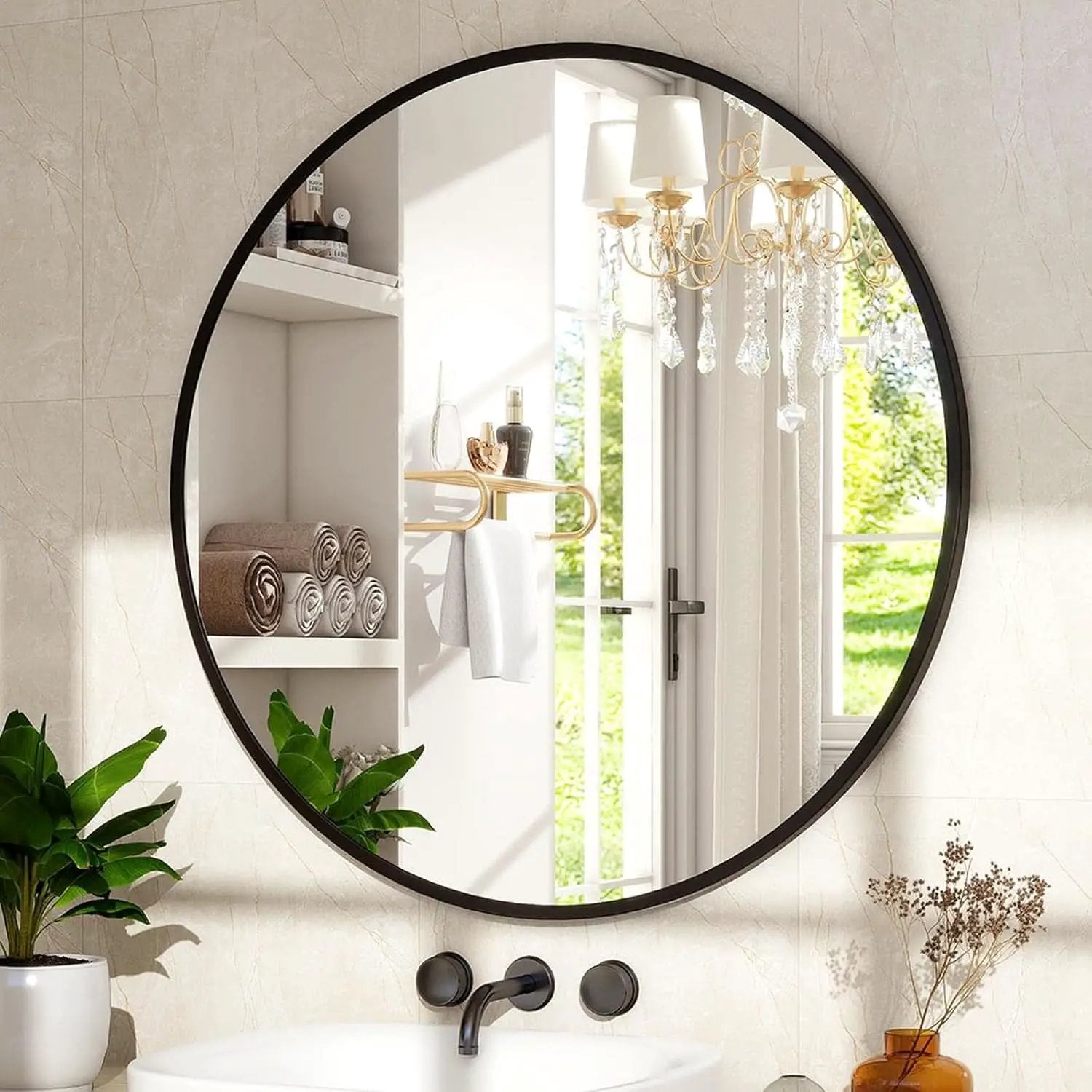 30 Inch Matte Black Round Wall Mirror Bathroom Decor from PriceLows™