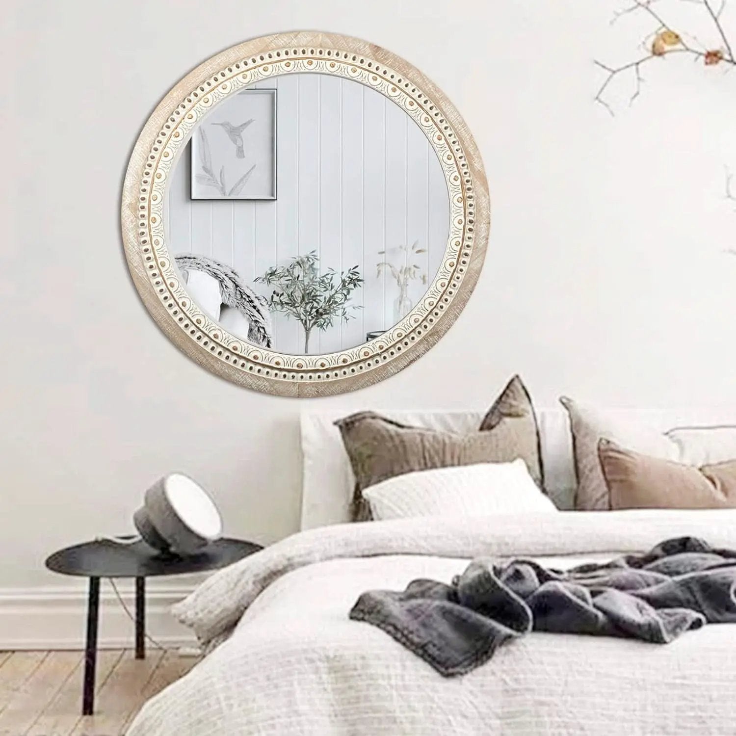 Farmhouse Rustic 30 Inch Wooden Round Mirror Wall Decor from PriceLows™