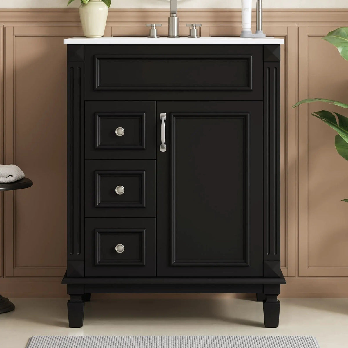 24 Inch Compact Bathroom Vanity | 2 Deep Drawers | Adjustable Shelf | Retro Button Handles
